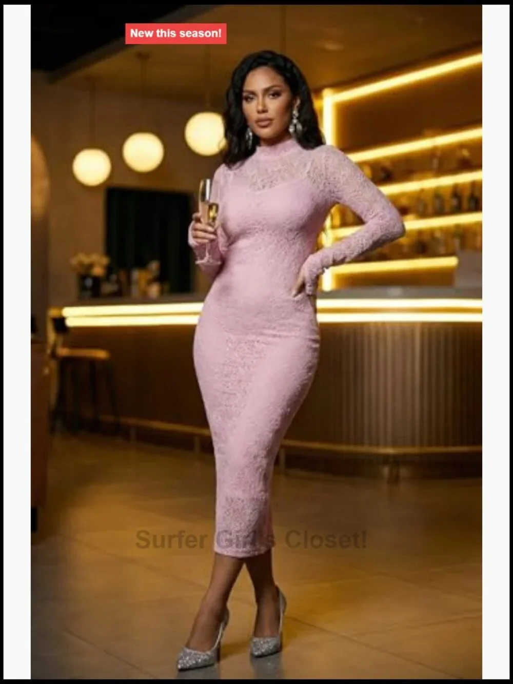 Women's Bodycon Midi Dress with Sheer Lace Cover-Up 2 Piece Set Cocktail Party